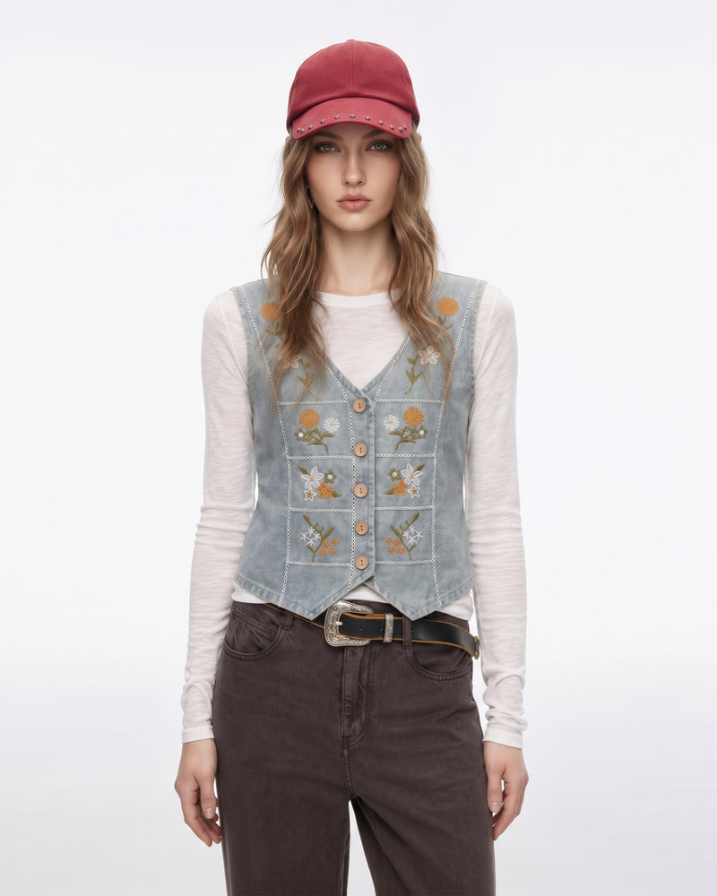 Folk Daisy Embroidered Denim Vest - Washed Sage