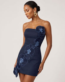 Orchid Embroidered Floral Appliqué Strapless Mini Dress - Bark Blue