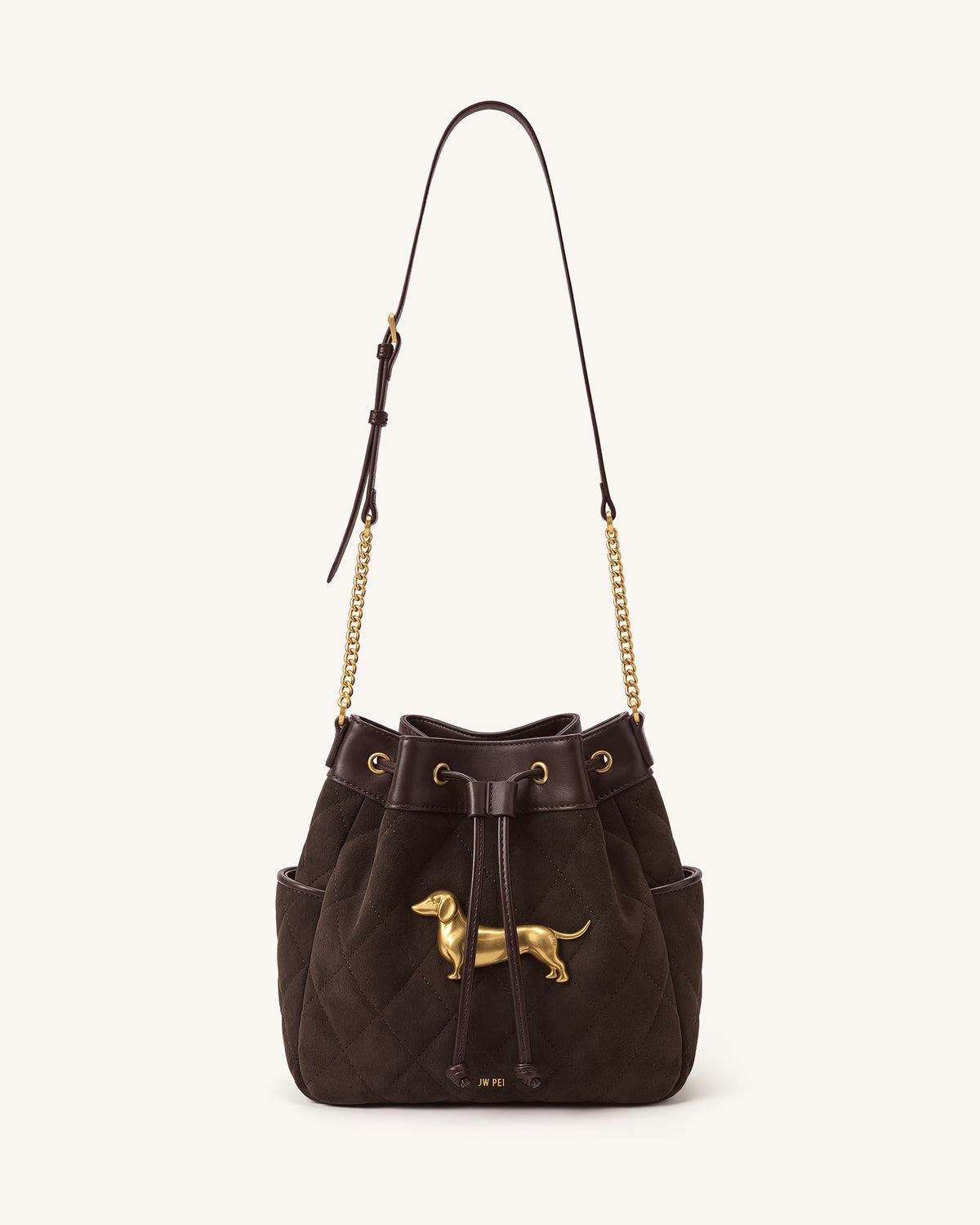 Riley Faux Suede Dachshund Quilted Bucket Bag - Brown