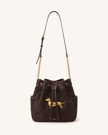 Riley Faux Suede Dachshund Quilted Bucket Bag - Brown