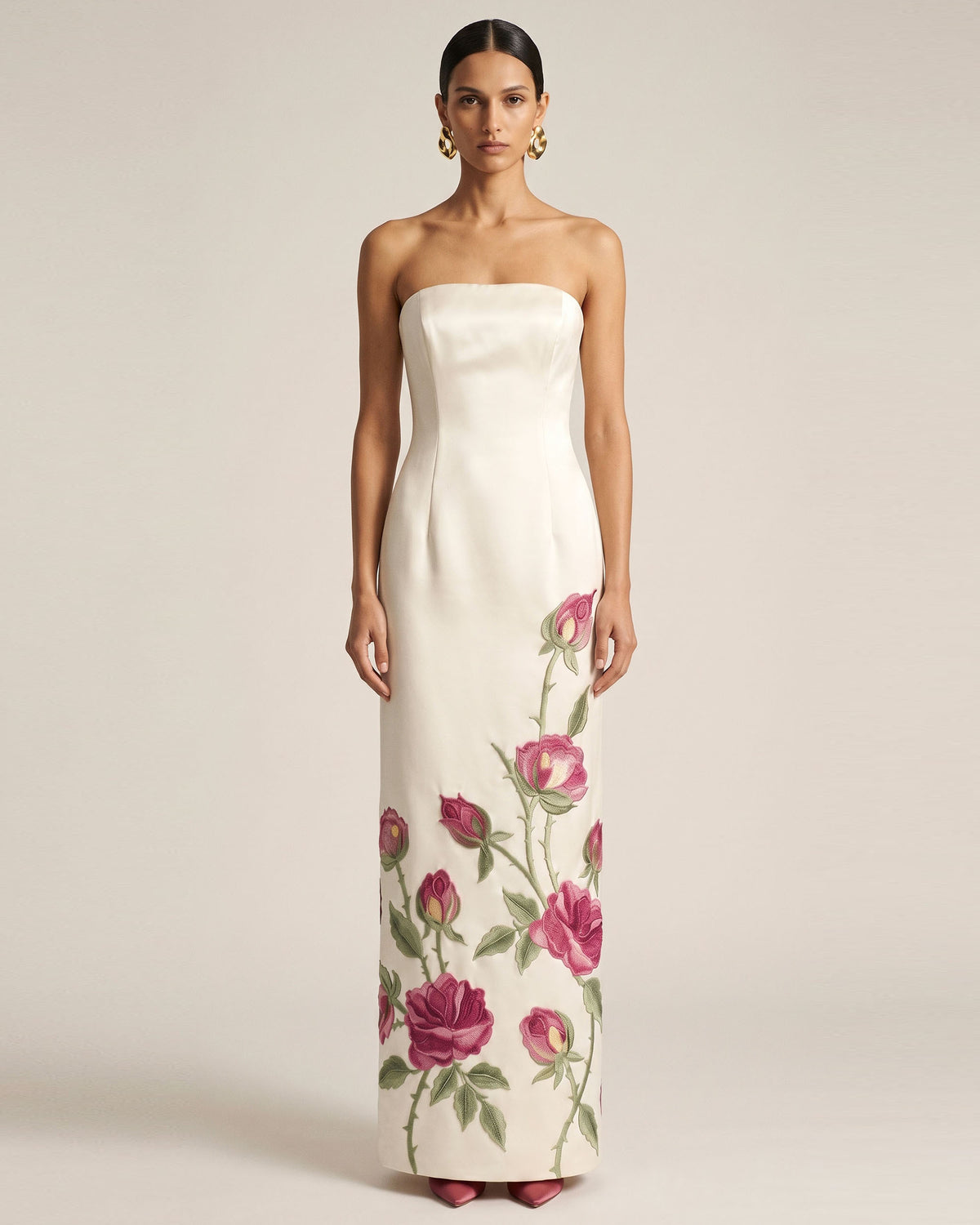 Rose Embroidered Strapless Long Dress - Pure White