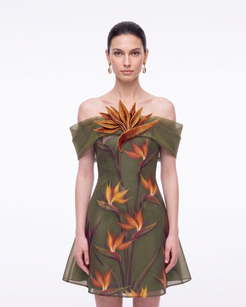 Bird of Paradise Appliqué Off-Shoulder Mini Dress - Olive
