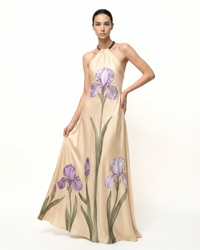 Iris Floral Print
 Halter Maxi Dress -
 Cream