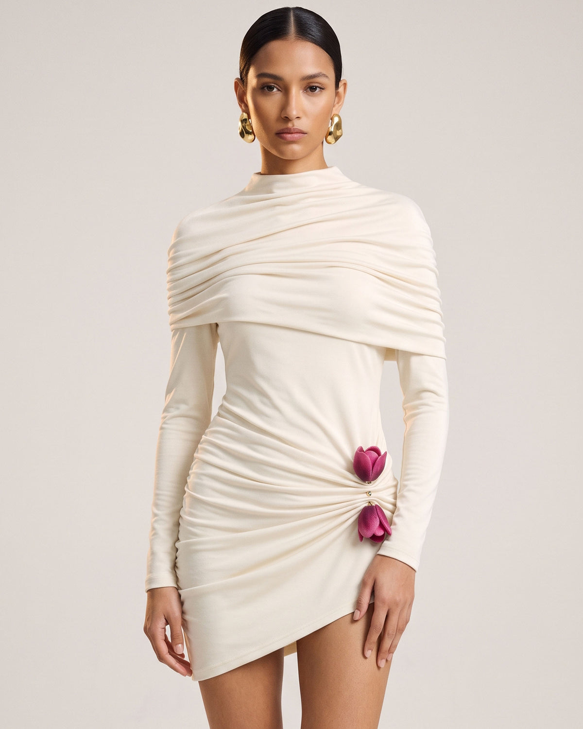 3D Embroidered Tulip Ruched High-Neck Long-Sleeve Mini Dress - White
