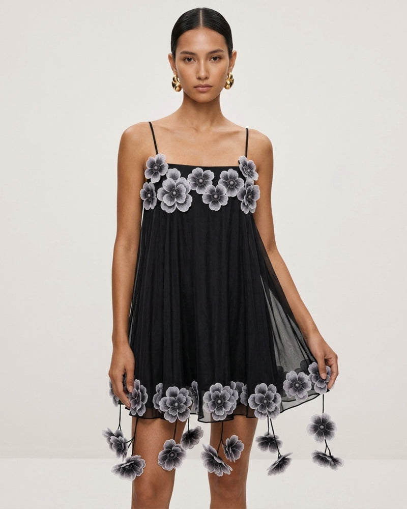 Floral Embroidered Drop-Trim Mini Dress - Black