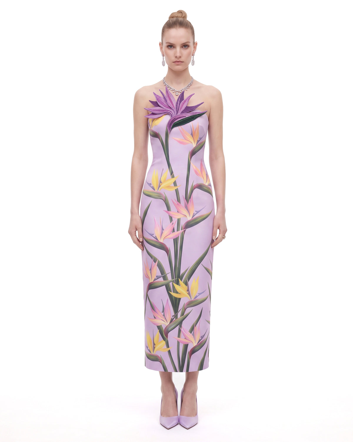 Bird of Paradise Appliqué Strapless Column Midi Dress - Lilac