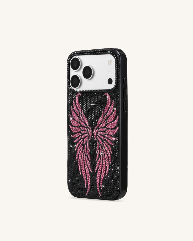 Pink Rhinestone Angel Wings Phone Case - Black