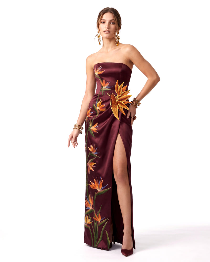 3D Bird Of Paradise Strapless Slit Dress - Deep Burgundy