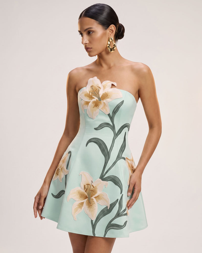 Lily Floral Print Strapless A-Line Mini Dress - Mint Green