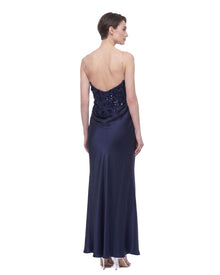 Floral Embellished Cowl-Neck Open-Back Satin Maxi Dress - Navy