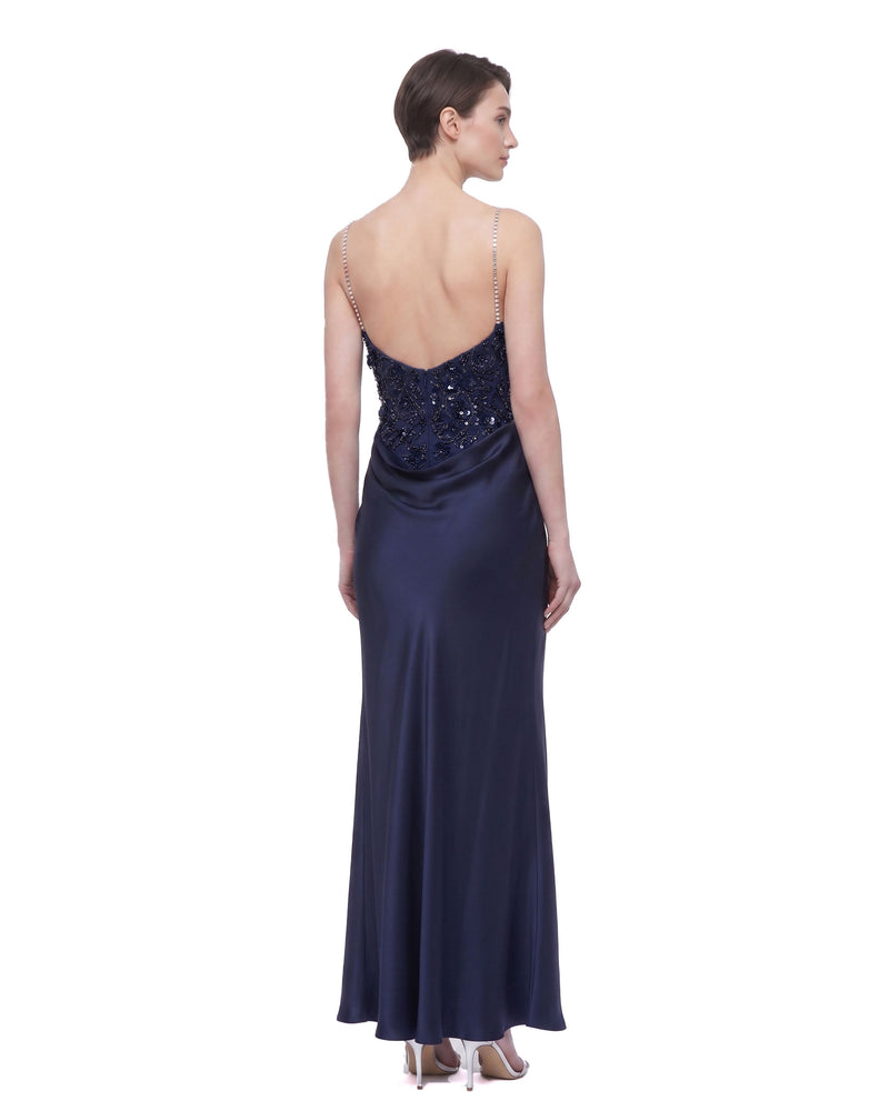 Floral Embellished Cowl-Neck Open-Back Satin Maxi Dress - Navy