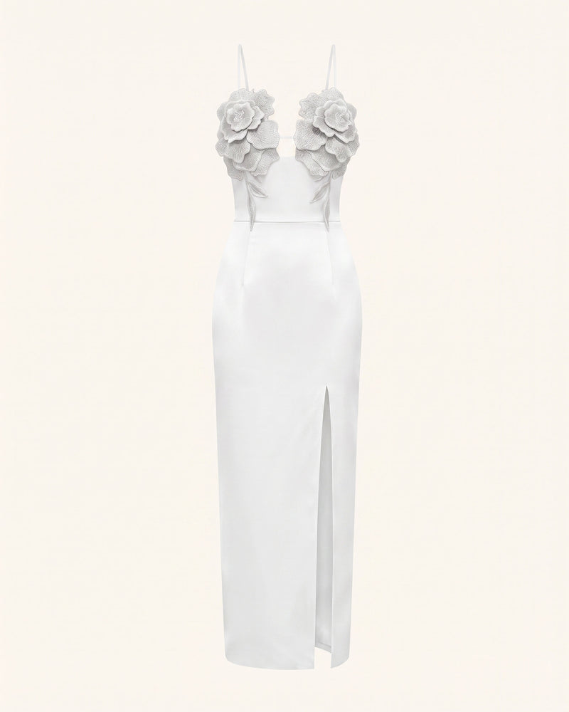 3D Floral Slit Maxi Dress - White
