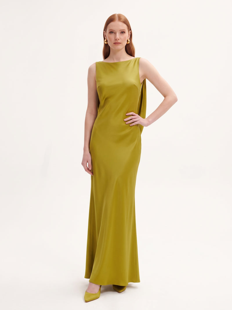 Tulip Appliqué Cowl-Back Satin Column Maxi Dress - Liquid Gold