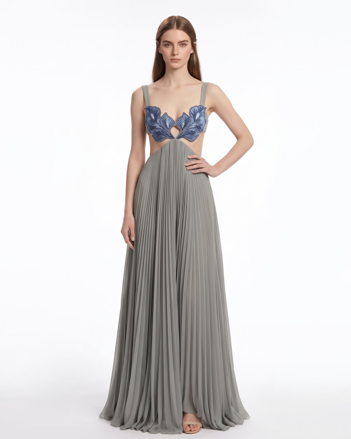 3D Floral Cutout Pleated Maxi Dress - Gray
