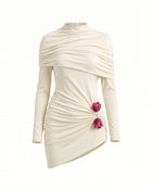 3D Embroidered Tulip Ruched High-Neck Long-Sleeve Mini Dress - White