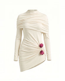 3D Embroidered Tulip Ruched High-Neck Long-Sleeve Mini Dress - White