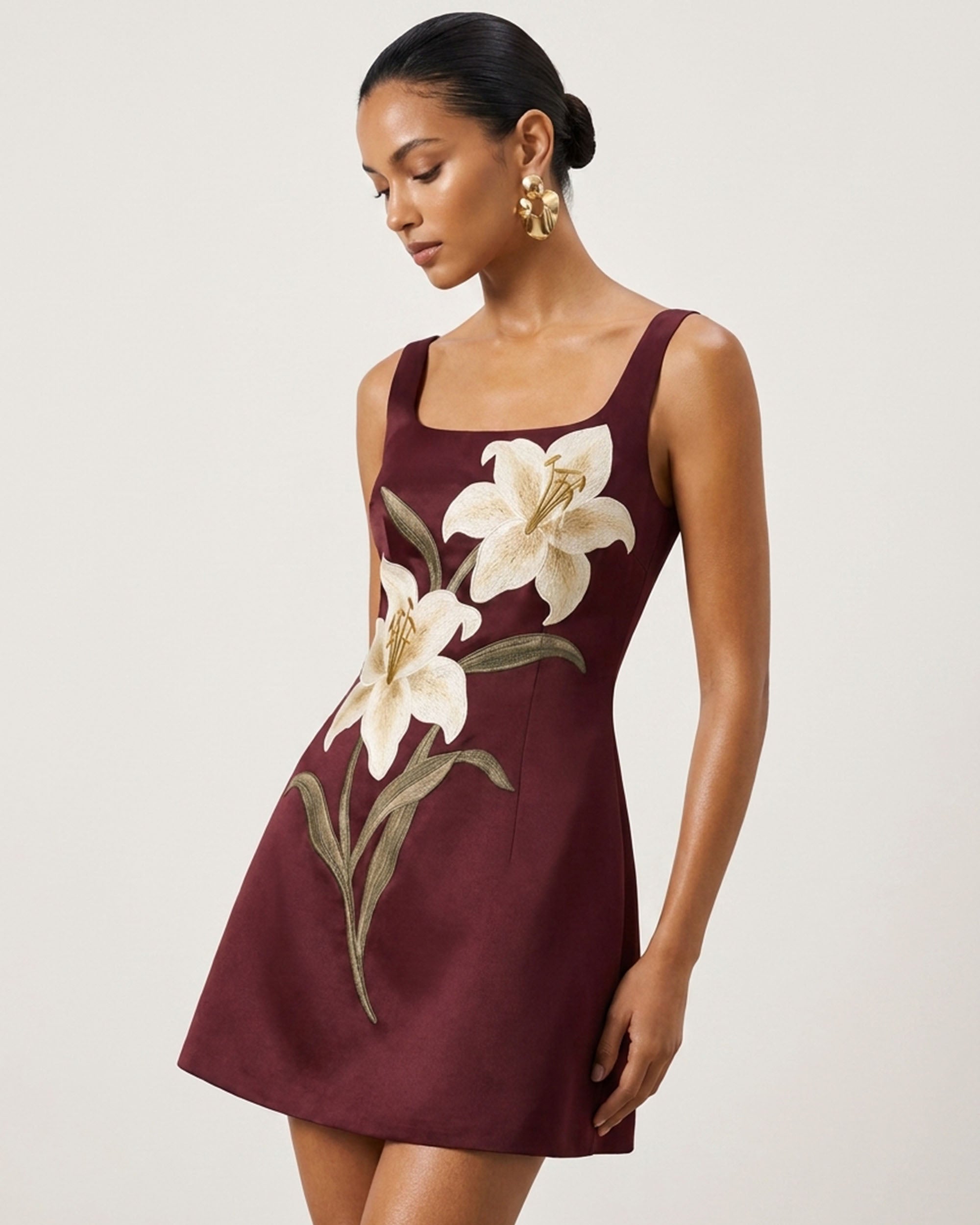Lily Floral Print Sleeveless A-Line Mini Dress - Burgundy