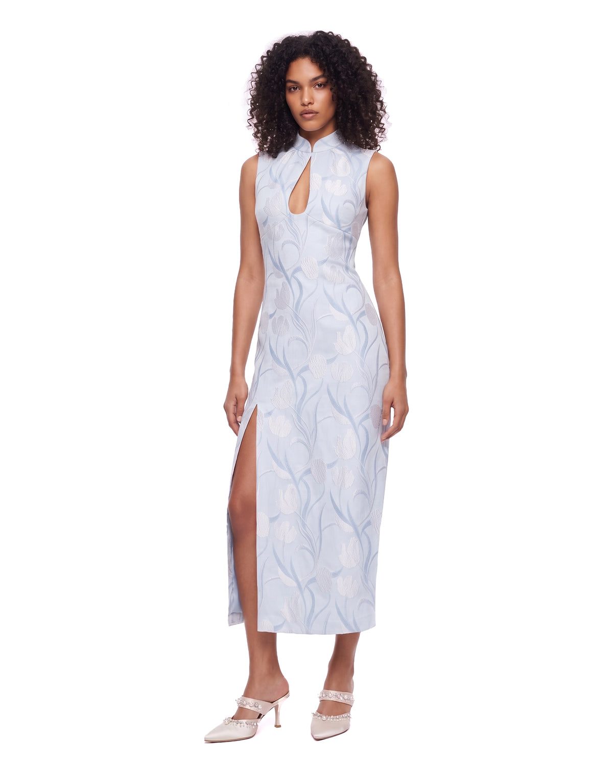 The Cheongsam-Reimagined Floral Jacquard Keyhole Dress - Light Blue