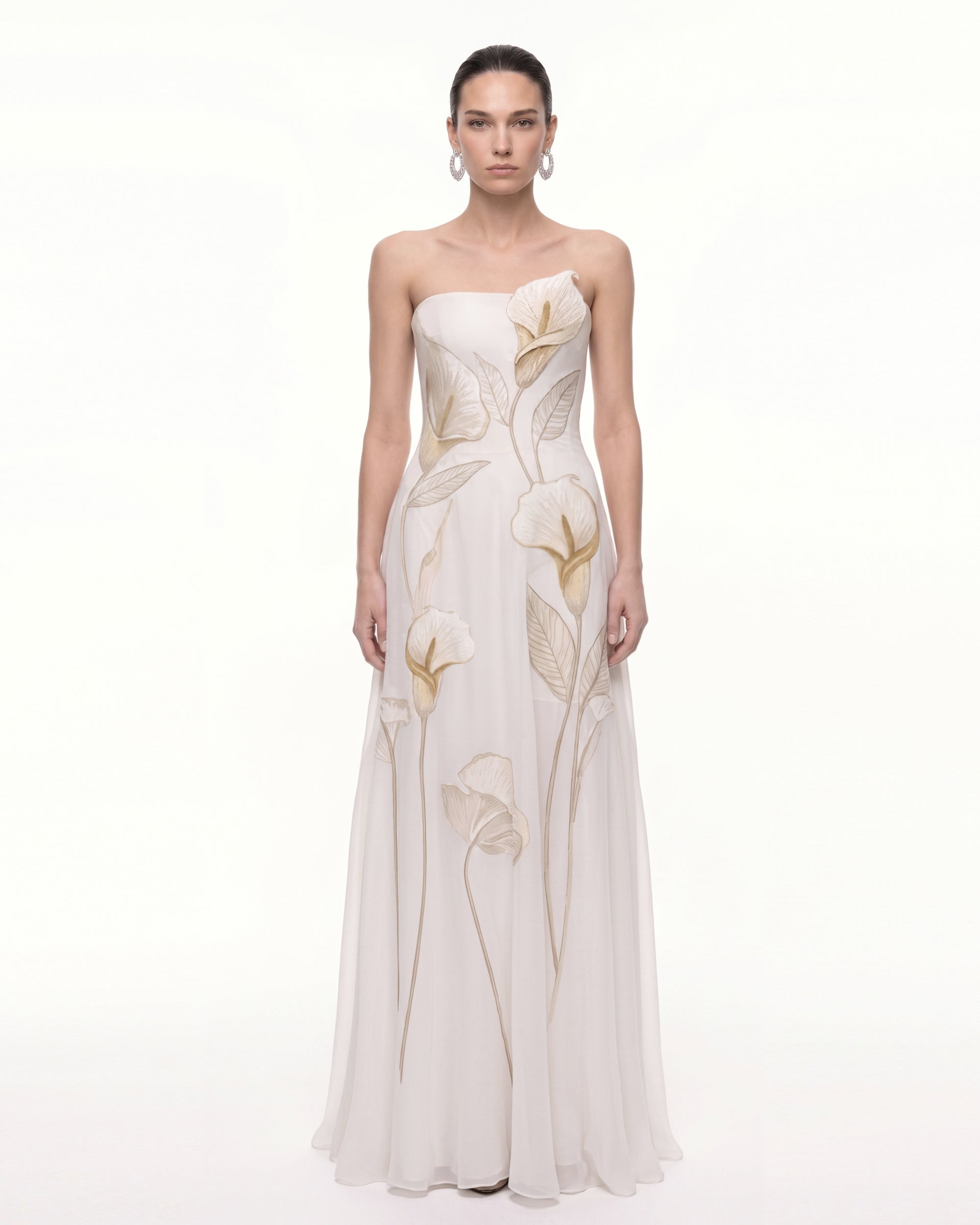 3D Embroidered Calla Lily Strapless A-Line Maxi Dress - Ivory