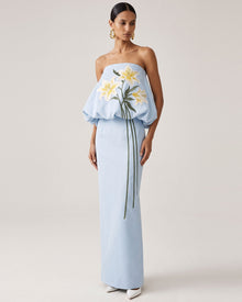 Lily Embroidered Draped Strapless Maxi Dress - Light Blue