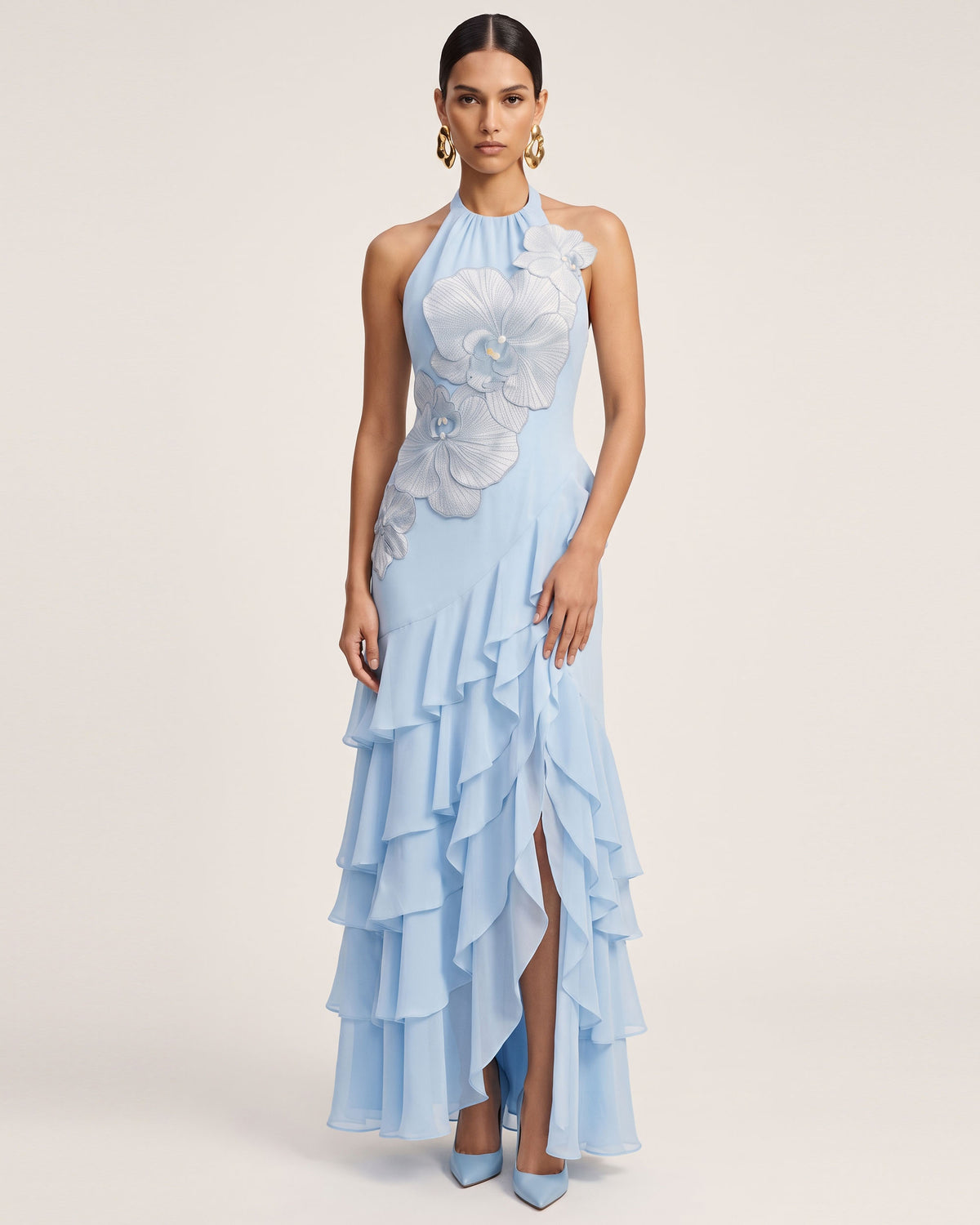Orchid Embroidered Halter Asymmetric Ruffle Maxi Dress - Light Blue