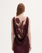 Tulip Appliqué Cowl-Back Satin Column Maxi Dress - Burgundy