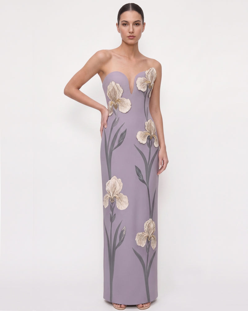 Iris Embroidered Notch Neck Strapless Maxi Dress - Dusty Lavender