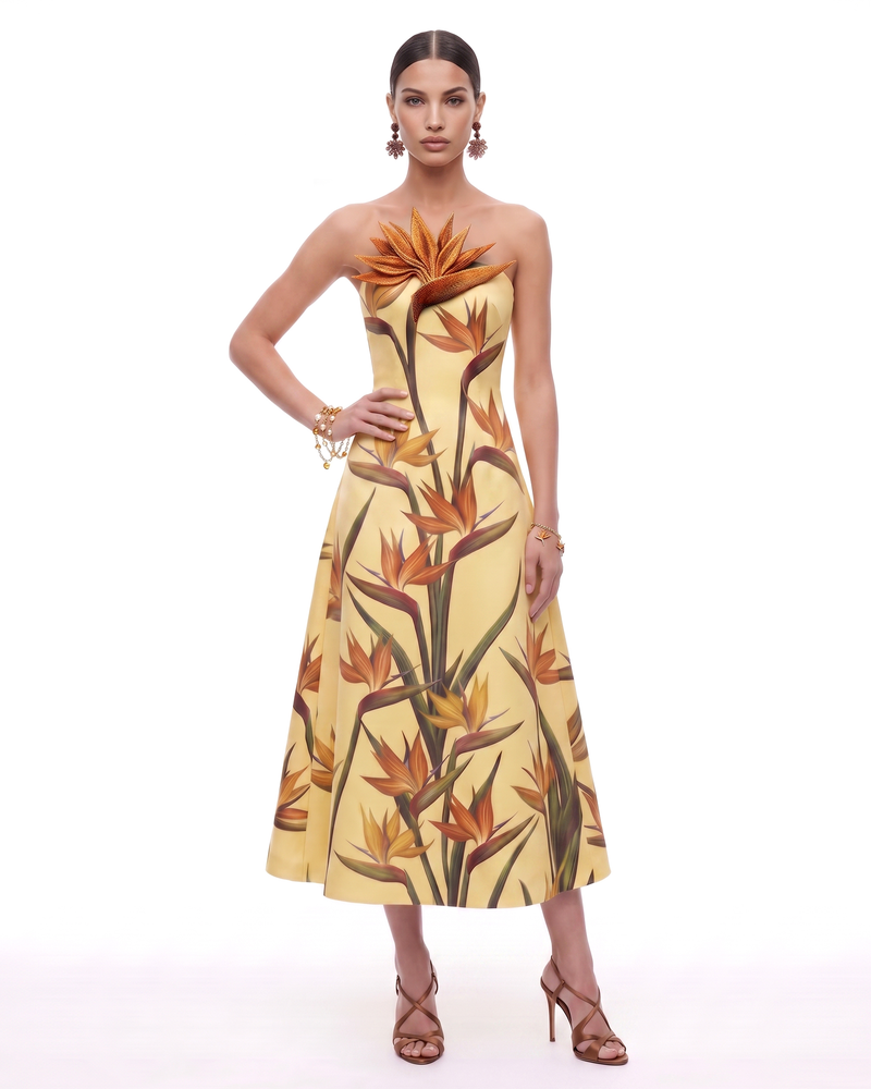 Bird of Paradise Appliqué Strapless A-Line Midi Dress - Light Yellow