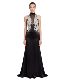 Floral Embellished Halter Sheer Satin Maxi Dress - Black