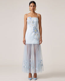 Floral Embroidered Sheer Overlay Maxi Dress - Light Blue