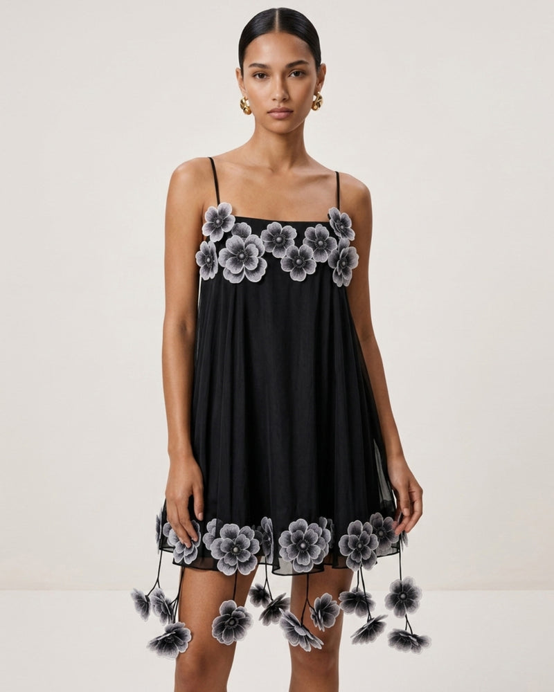 Floral Embroidered Drop-Trim Mini Dress - Black