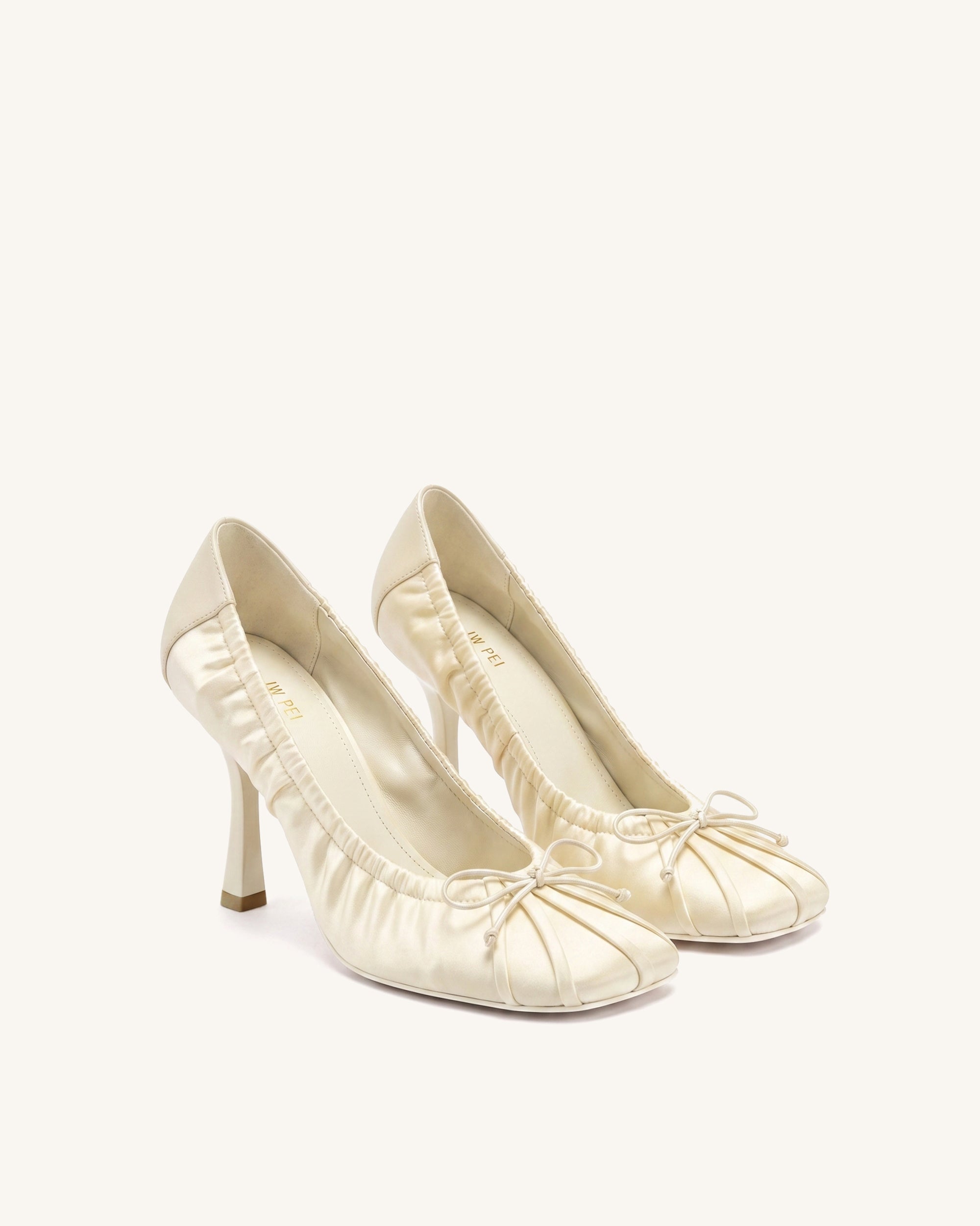 Solenne Satin Bow Ruched Pumps - Beige