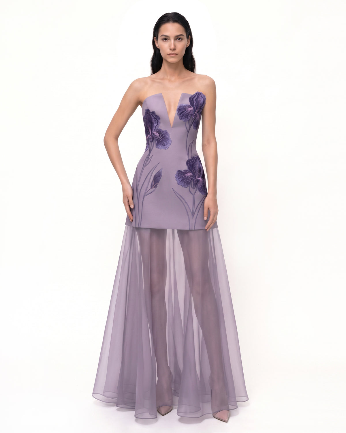 Iris Embroidered Plunge Sheer Overlay Maxi Dress - Royal Purple