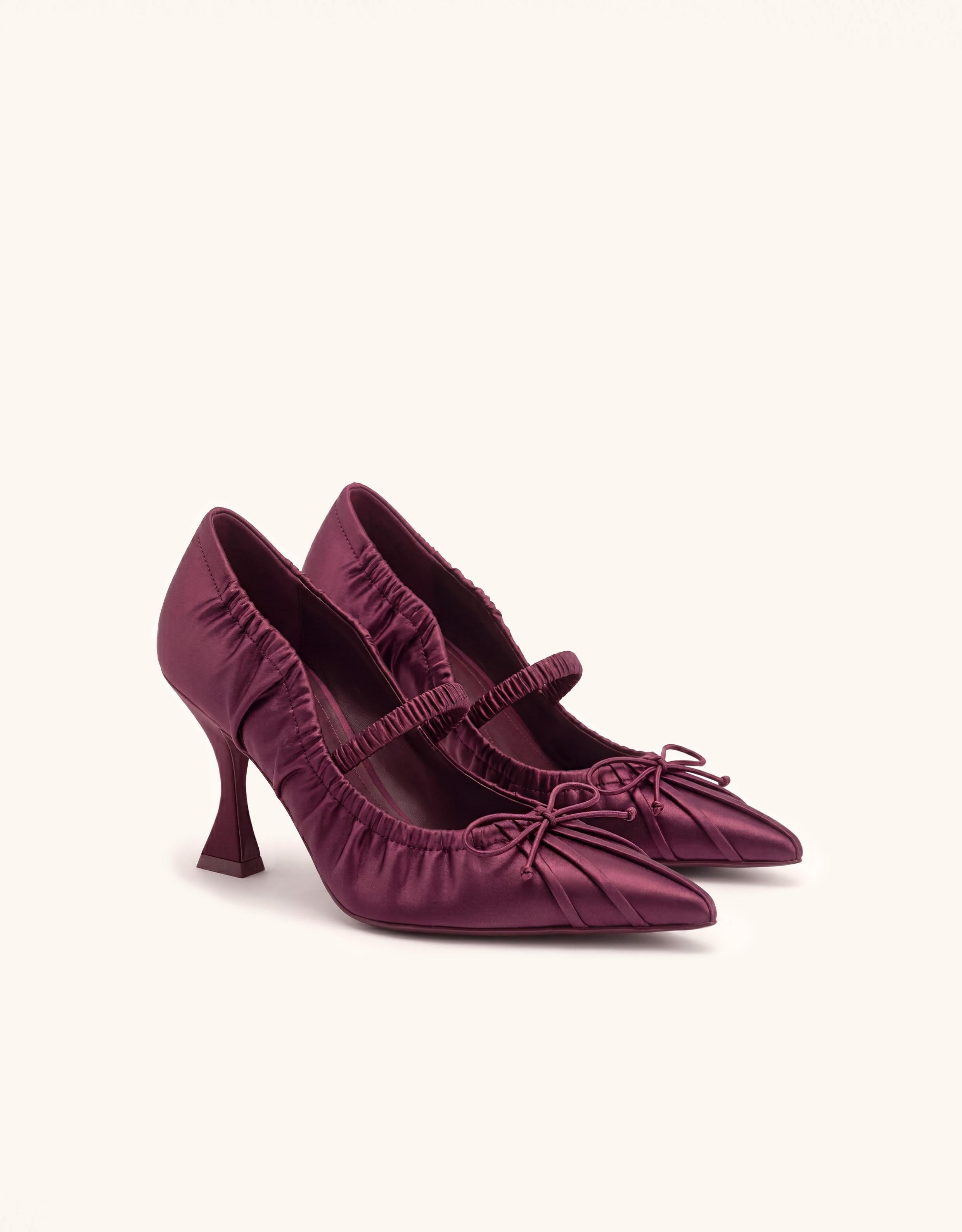 Solenne Satin Bow Ruched Mary Jane Pumps - Burgundy