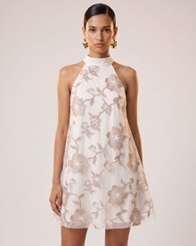 Floral Embroidered Halter Mini Dress - Ivory