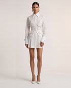 Orchid-Embellished High-Neck Button-Front Mini Shirt Dress - White