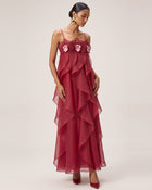 Orchid Embroidered Organza Maxi Dress - Red