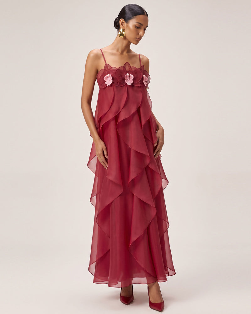 Orchid Embroidered Organza Maxi Dress - Red