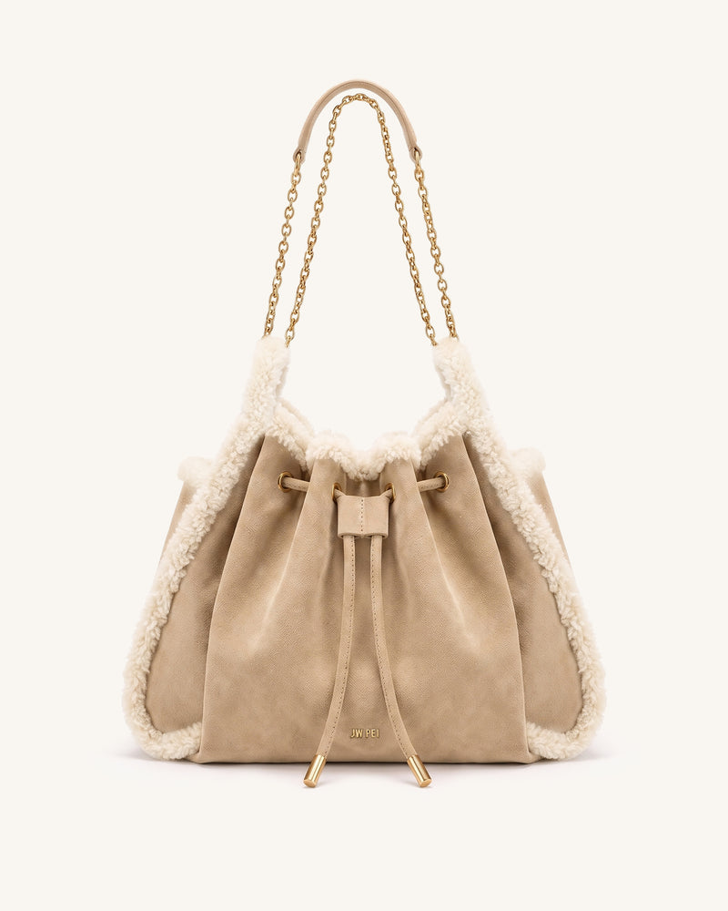 Rowan Faux Suede Ruched Drawstring Chain Bucket Bag - Wheat Brown