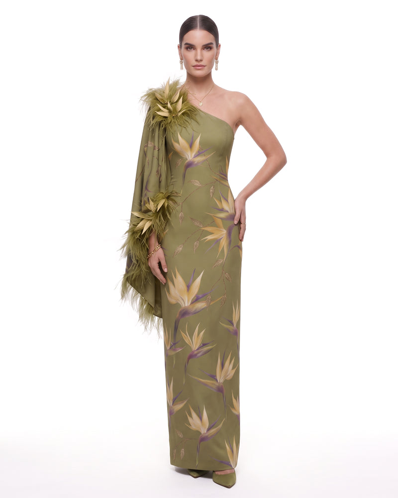 Bird of Paradise Feather-Trim One-Shoulder Maxi Dress - Olive Green