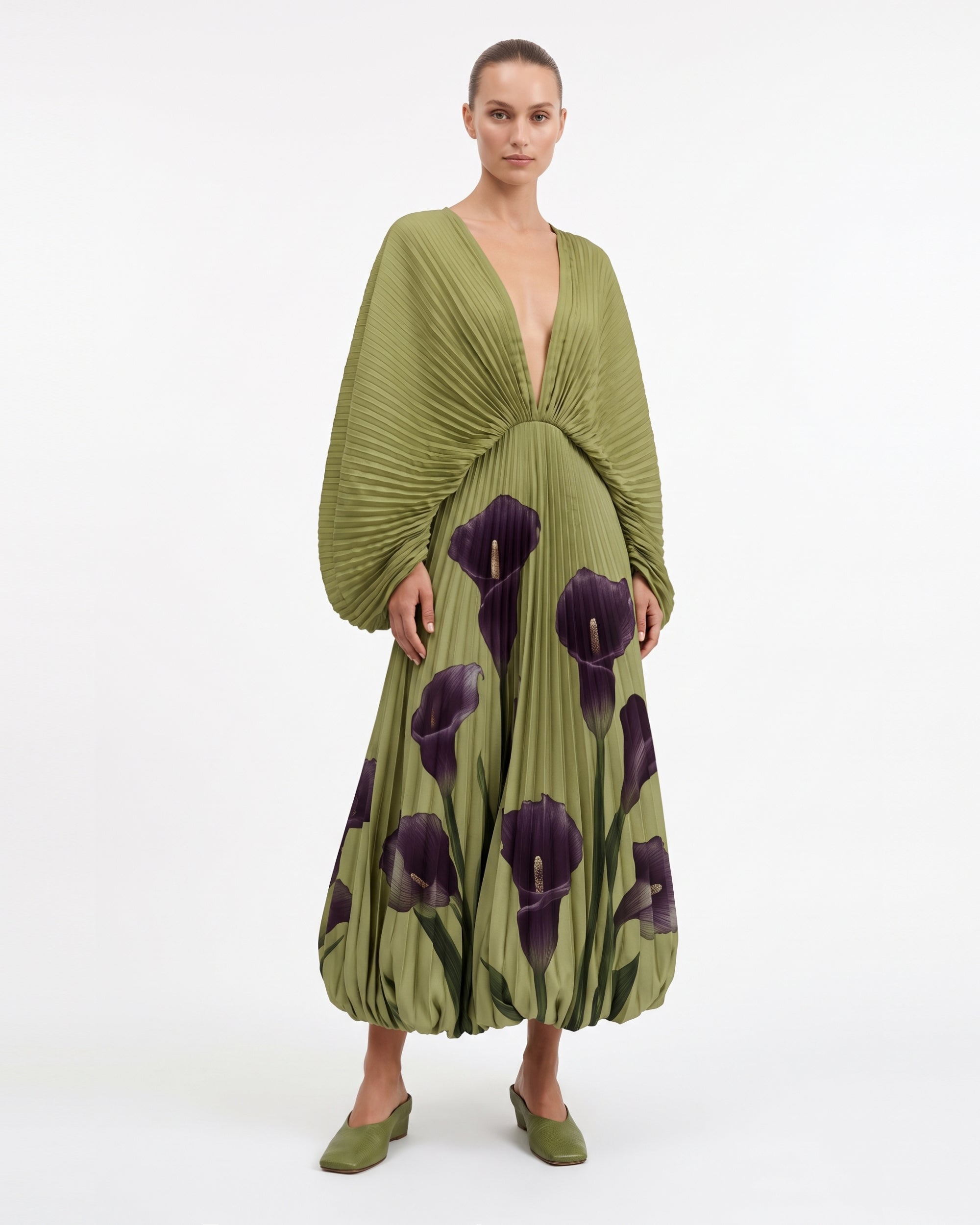 Calla Lily Pleated Balloon-Hem Maxi Dress - Olive Green