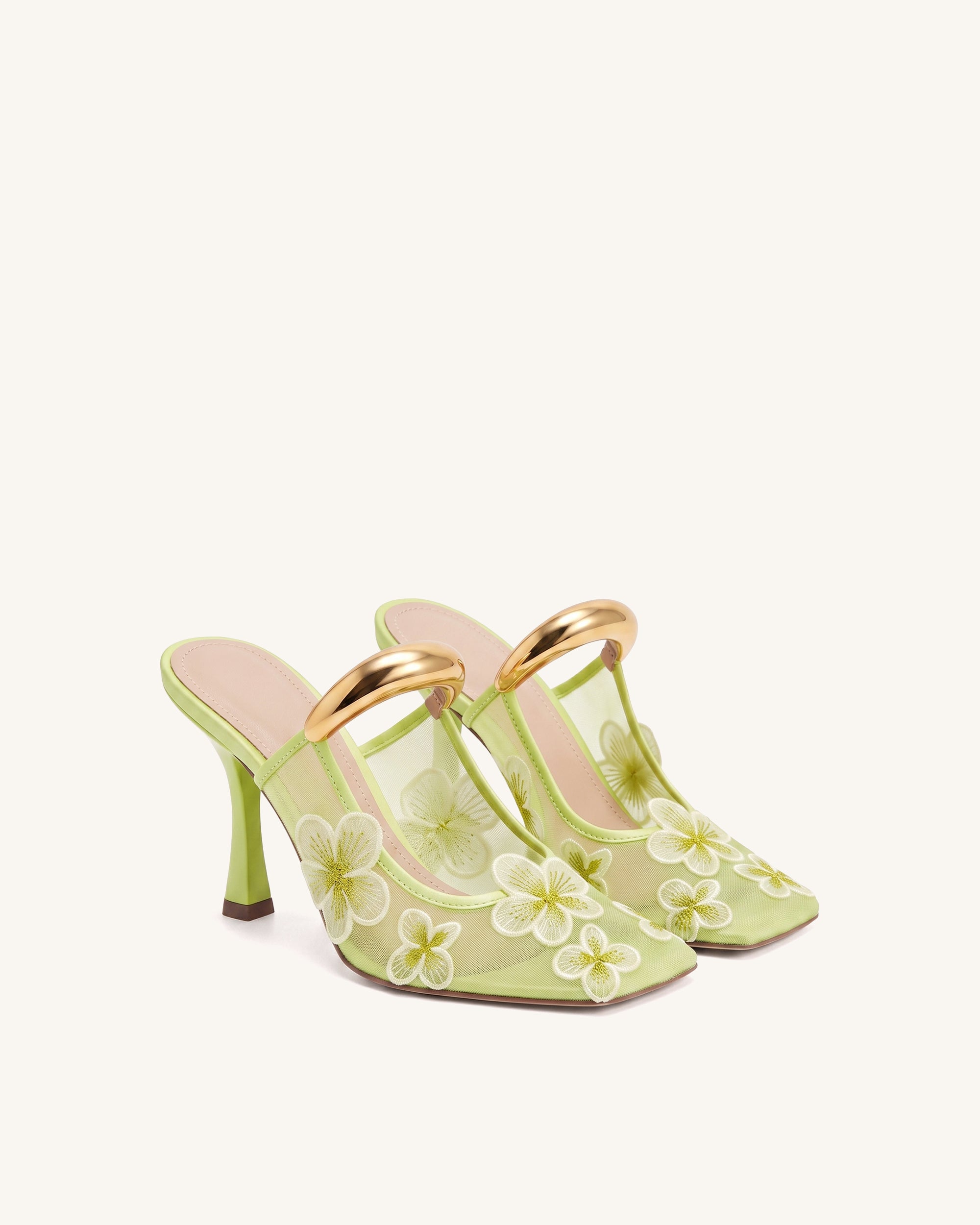 Mireille Pierced Floral Embroidered Appliqué Mesh Mules - Chartreuse