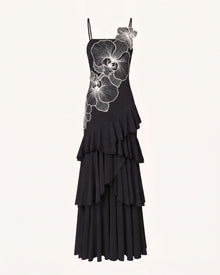Orchid Embroidered Ruffled One-Shoulder Maxi Dress - Black & White