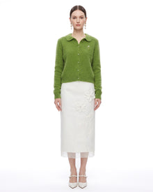 Floral Embroidered Collar Knit Cardigan - Avocado Green