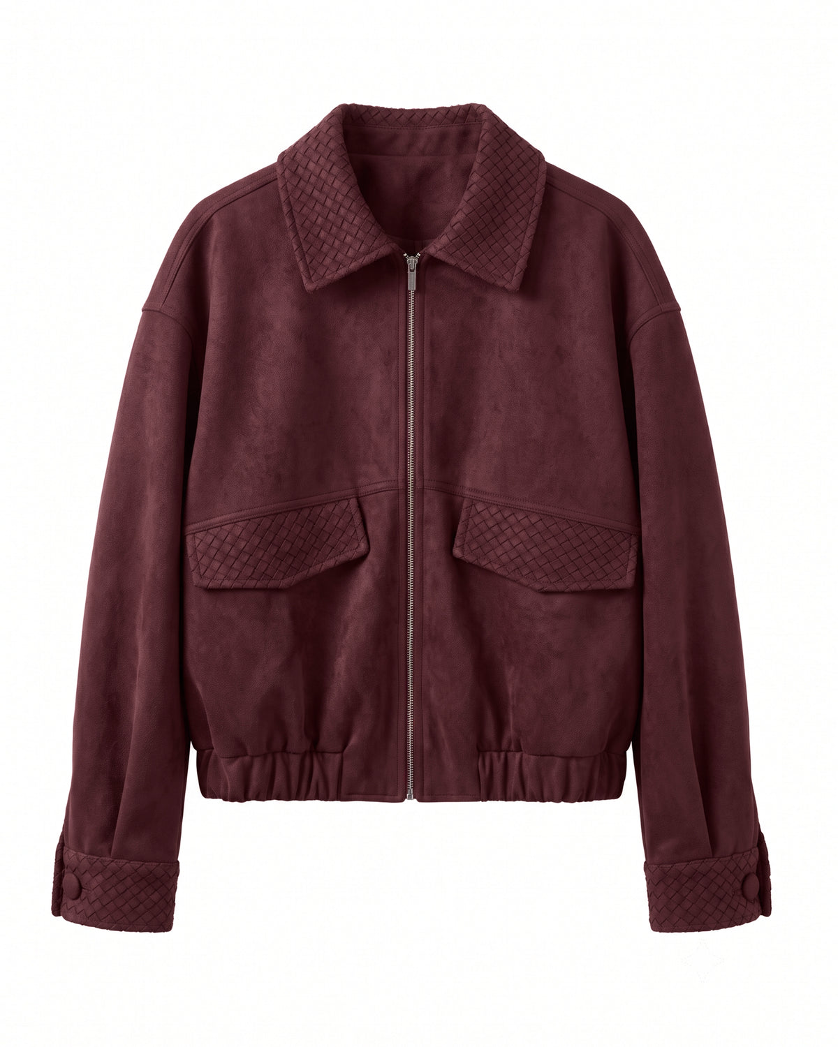 Braided Trim Suede Zip Bomber Jacket - Burgundy