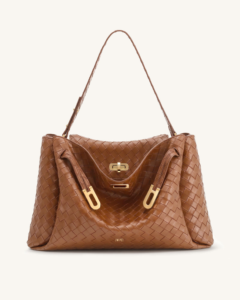 Rhea Large Woven Textured Shoulder Bag - Caramel Brown
