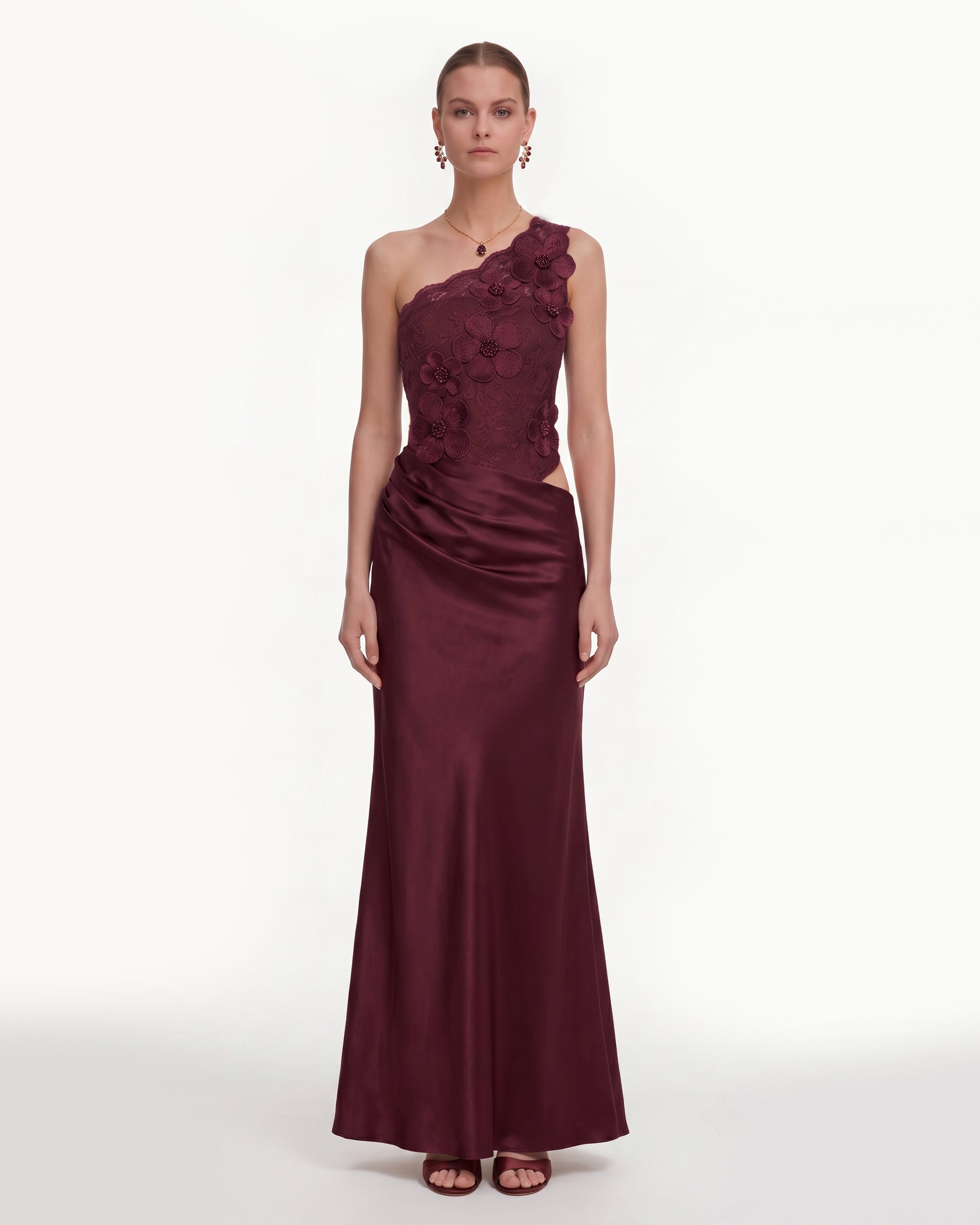 Floral One Shoulder Satin Dress - Burgundy