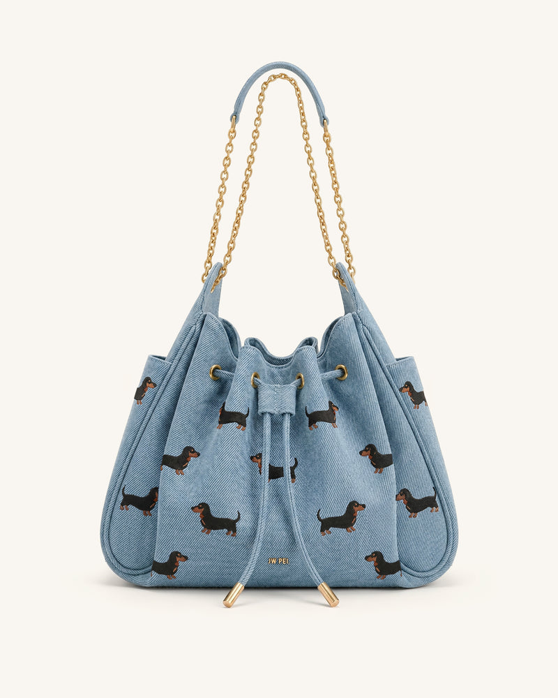 Rowan Ruched Drawstring Chain Bucket Bag - Sea Blue Denim