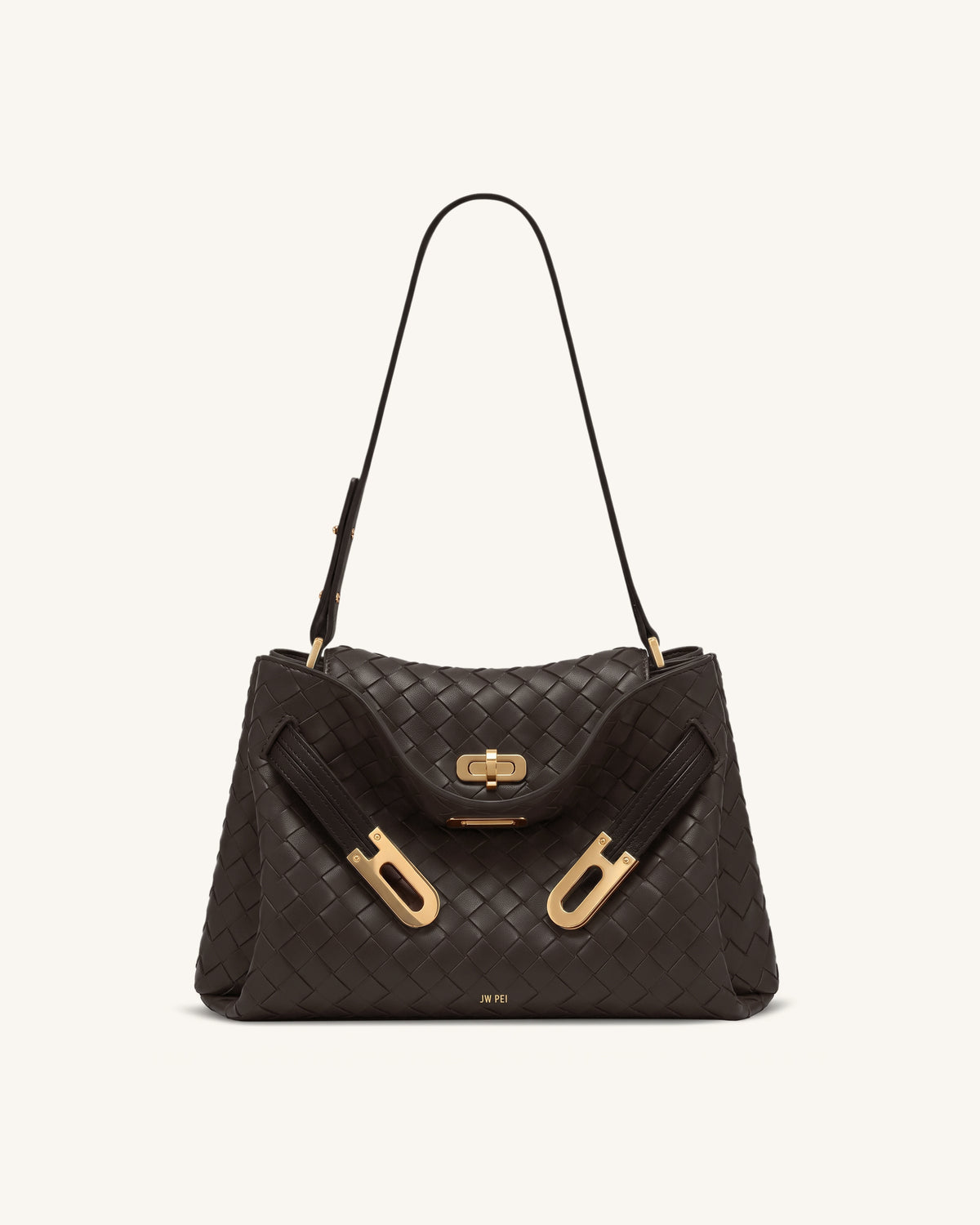 Rhea Woven Texture Double Buckle Shoulder Bag - Chocolate Brown