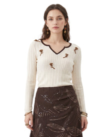 Floral Embroidered Notch-Neck Ribbed Sweater - Cream White